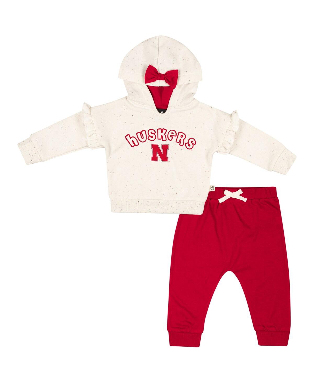 COLOSSEUM GIRLS NEWBORN AND INFANT COLOSSEUM NATURAL, SCARLET NEBRASKA HUSKERS PULLOVER HOODIE AND FLEECE PANT