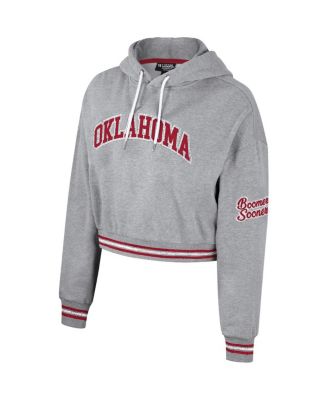 Women's Heather Gray Distressed Oklahoma Sooners Cropped Shimmer Pullover Hoodie