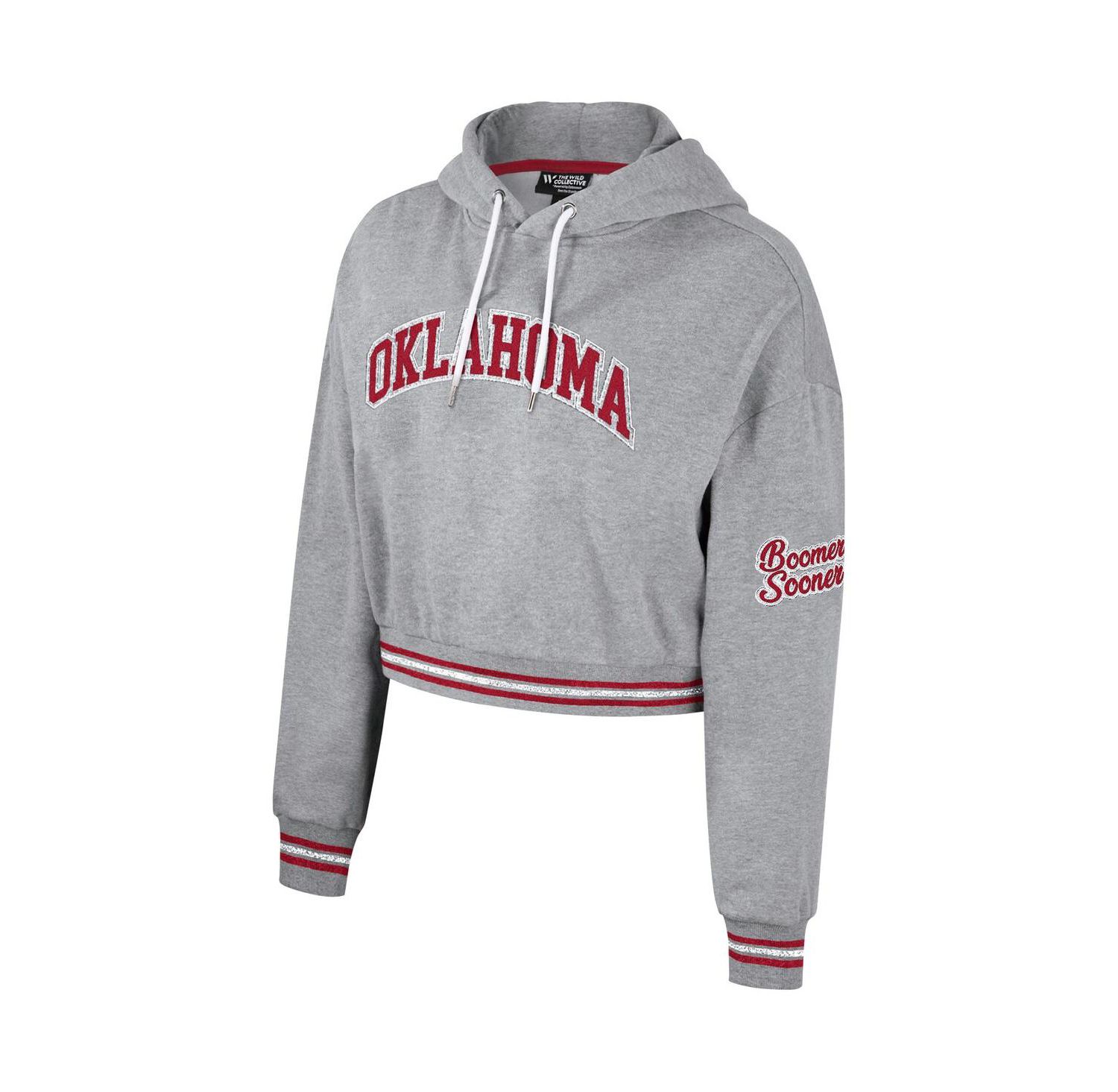 Women's Heather Gray Distressed Oklahoma Sooners Cropped Shimmer Pullover Hoodie