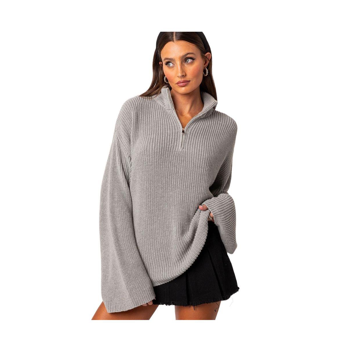 Edikted Women's Oversized Quarter Zip High Neck Rib Sweater - Gray-melange