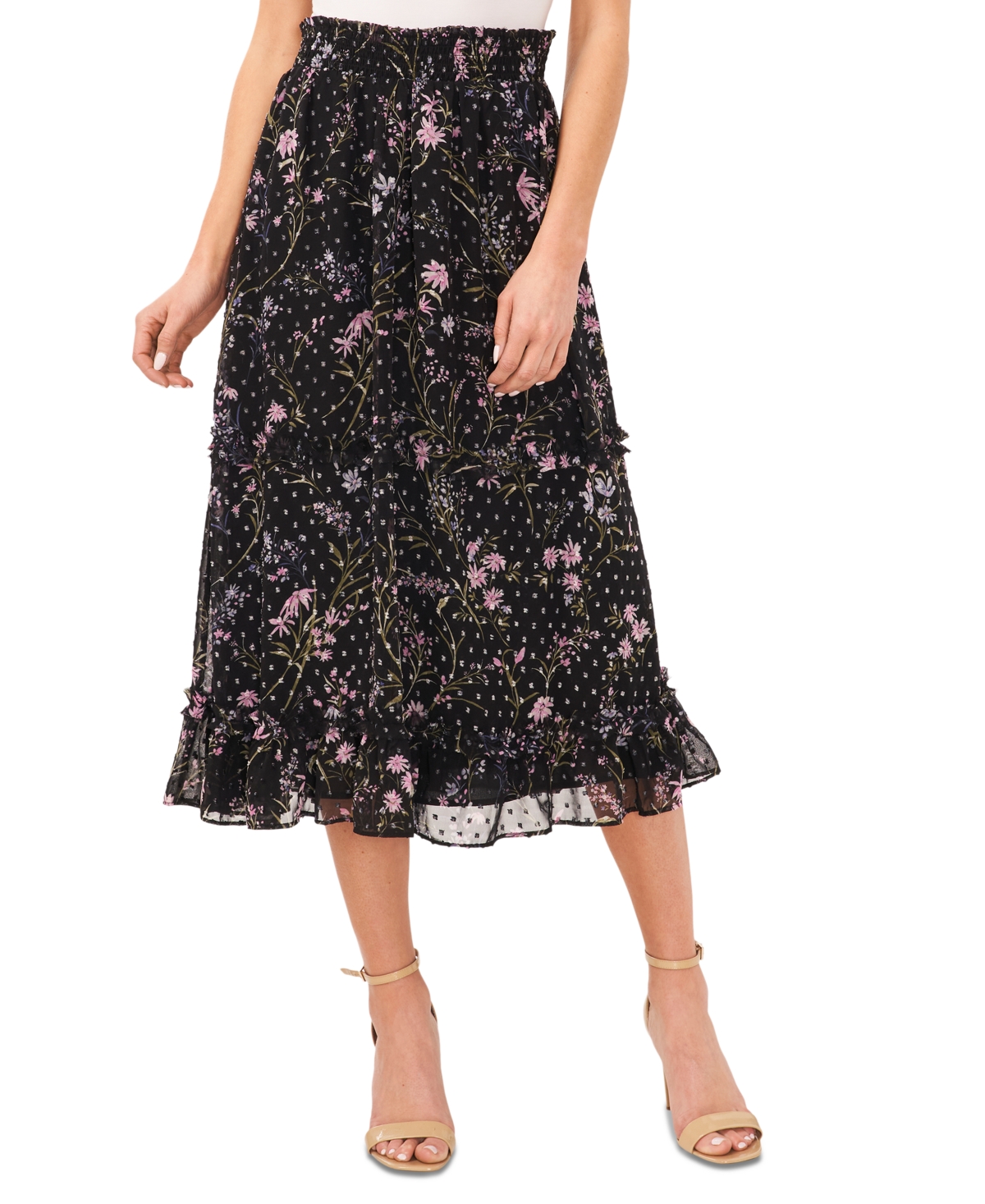 Shop Cece Women's Floral-print Smocked-waist Tiered Midi Skirt In Rich Black