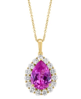 EFFY&reg; Lab Grown Pink Sapphire (5-5/8 ct. t.w) & Lab Grown Diamond (1-1/3 ct. t.w.) Pear Halo 18" Pendant Necklace in 14k Gold