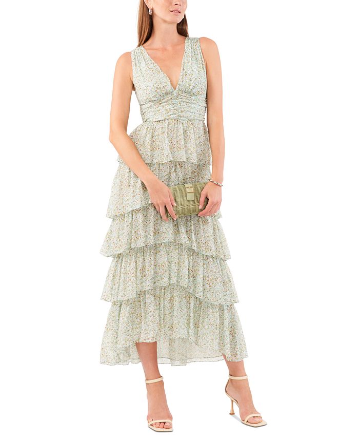 1 state tie neck long sleeve tiered maxi dress