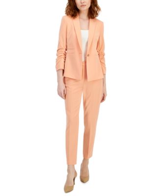 Tahari Asl Womens Ruched Sleeve One Button Blazer Classic Mid Rise Straight Leg Pants In Salmon