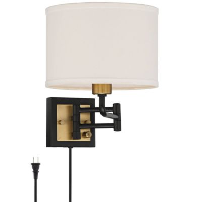 Joelle Modern Swing Arm Wall Lamp Brass Black Plug-in Light Fixture Fabric Drum Shade for Bedroom Bedside Living Room Reading Home House