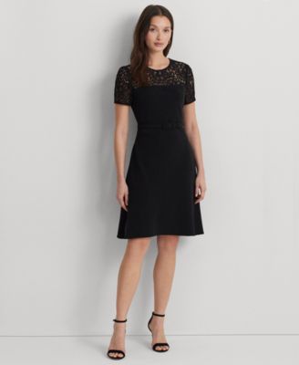 로렌 랄프로렌 Lauren Ralph Lauren Womens Belted Lace-Trim Fit & Flare Dress,Black