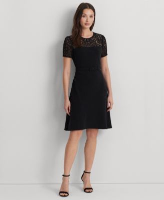 Lauren Ralph Lauren Women's Belted Lace-Trim Fit & Flare Dress - Macy's