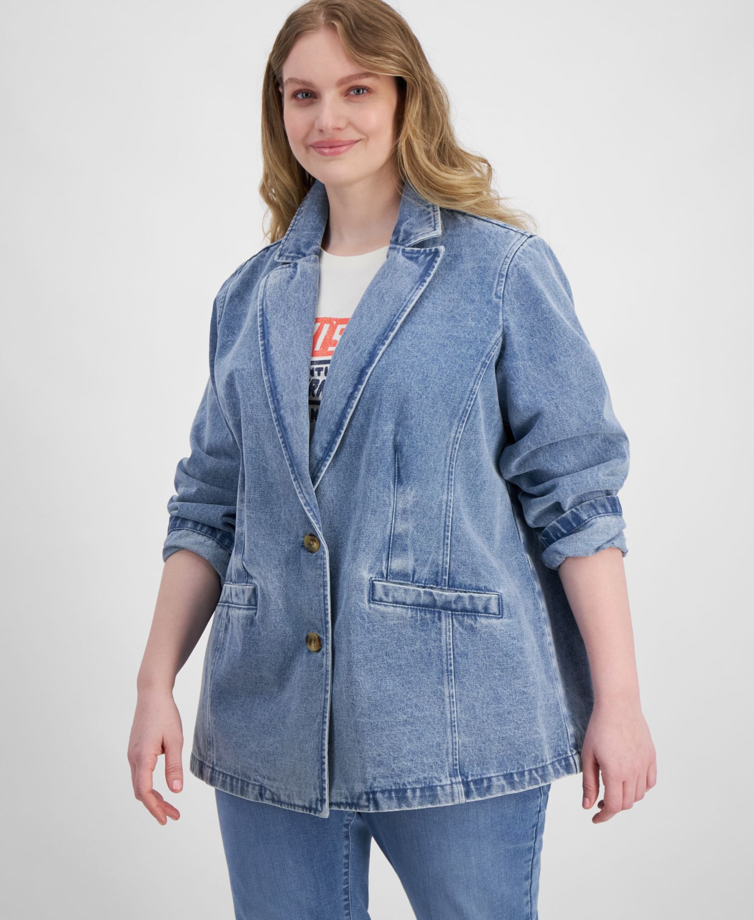 Plus Size Denim Long-Sleeve Blazer Jacket