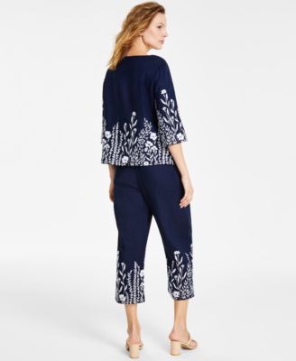 Shop Charter Club Womens Linen Embroidered 3 4 Sleeve Top Linen Embroidered Cropped Pants Created For Macys In Intrepid Blue Combo