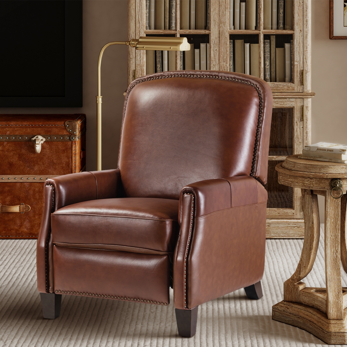 Hickey Modern Genuine Leather Recliner with Nailhead Trim