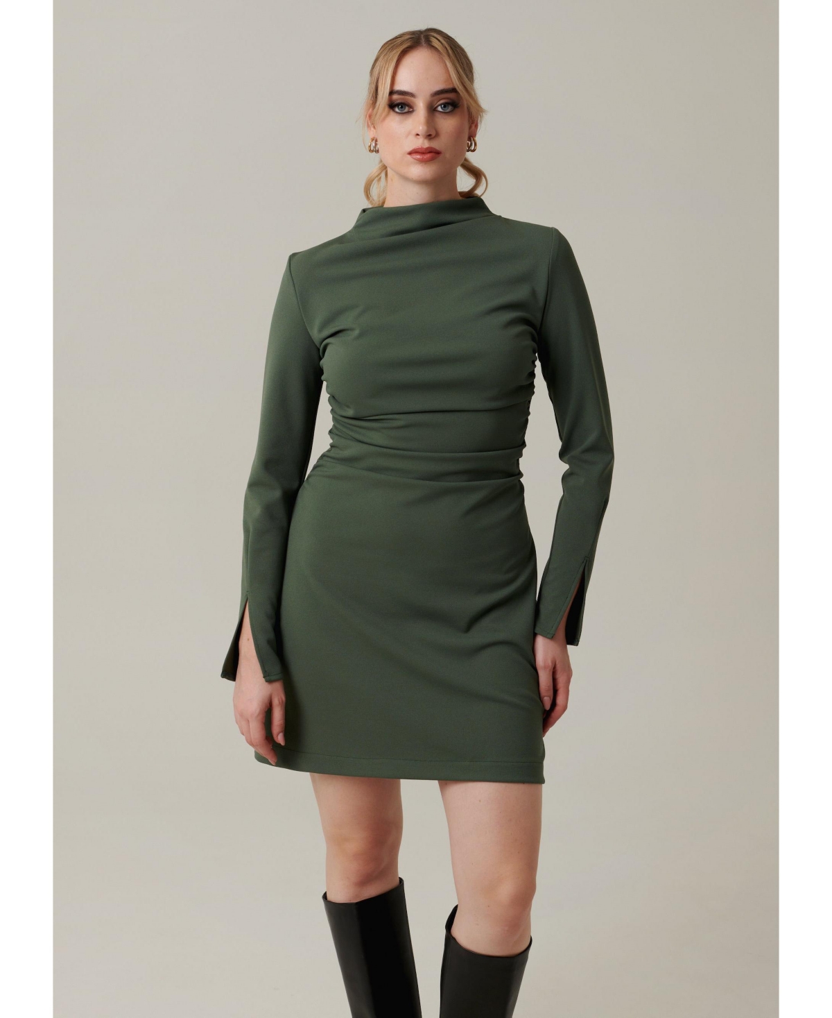 Women's Long sleeve & comfortable mini dress with pleated details near waistline, slits on sleeves - Smokey green
