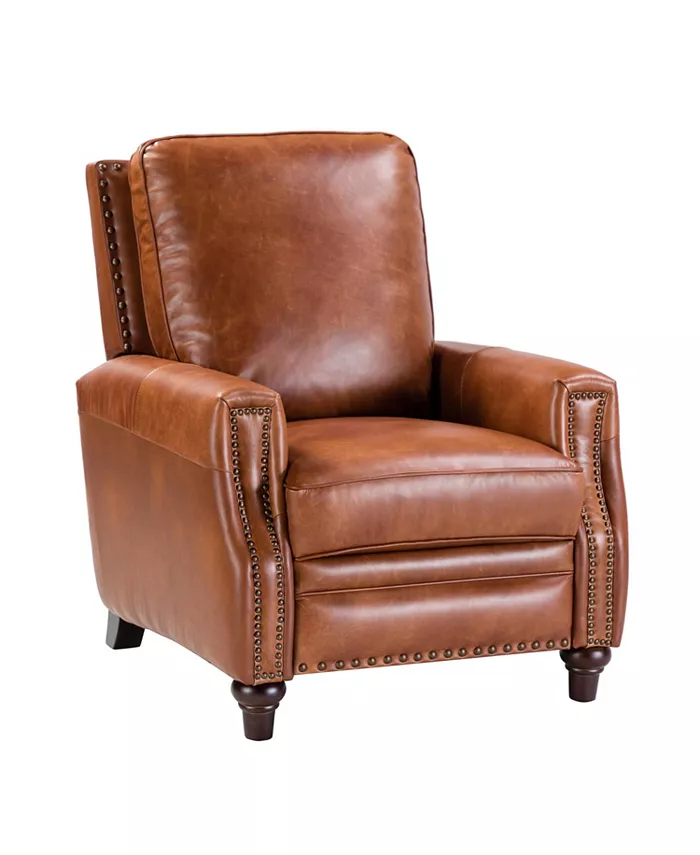 Saddle brown leather recliner with nailhead trim for a cowgirl coastal living room