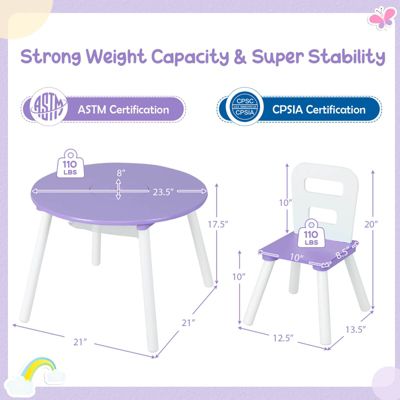 Kids Wooden Round Table & 2 Chair Set w/ Center Mesh Storage