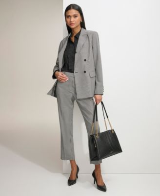 Karl Lagerfeld Womens Gingham Double Breasted Blazer Ruffled Blouse Gingham Straight Leg Pants In Black