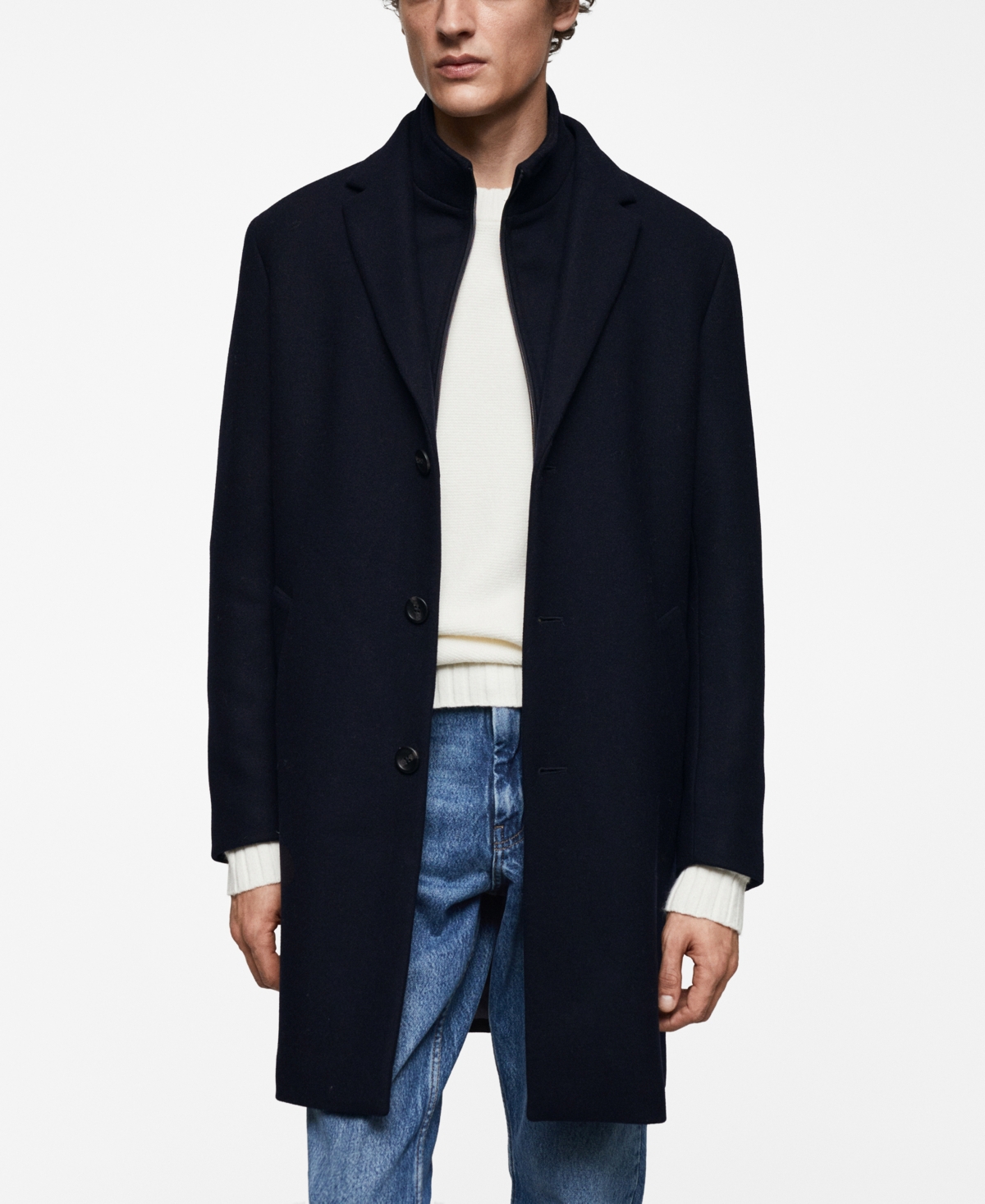 Men's Detachable Collar Wool Coat - Dark Navy