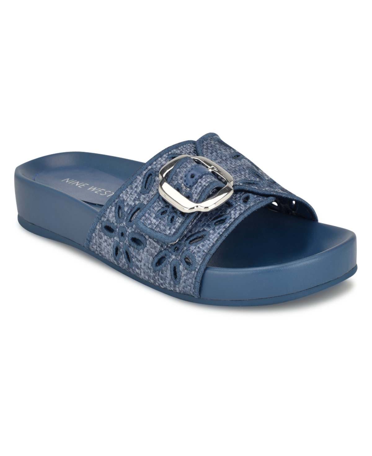 Shop Nine West Women's Giulia Slip-on Round Toe Flat Casual Sandals In Blue