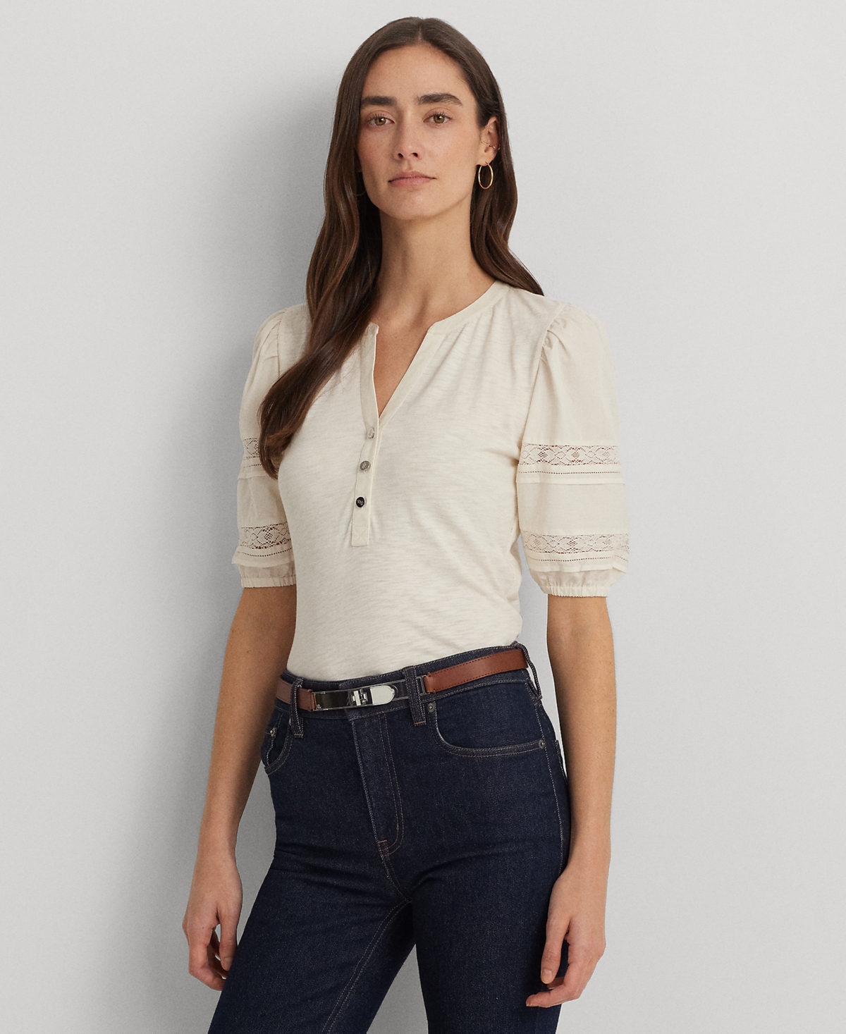 Ralph Lauren Lace-trim Jersey Puff-sleeve Henley Tee In Mascarpone Cream