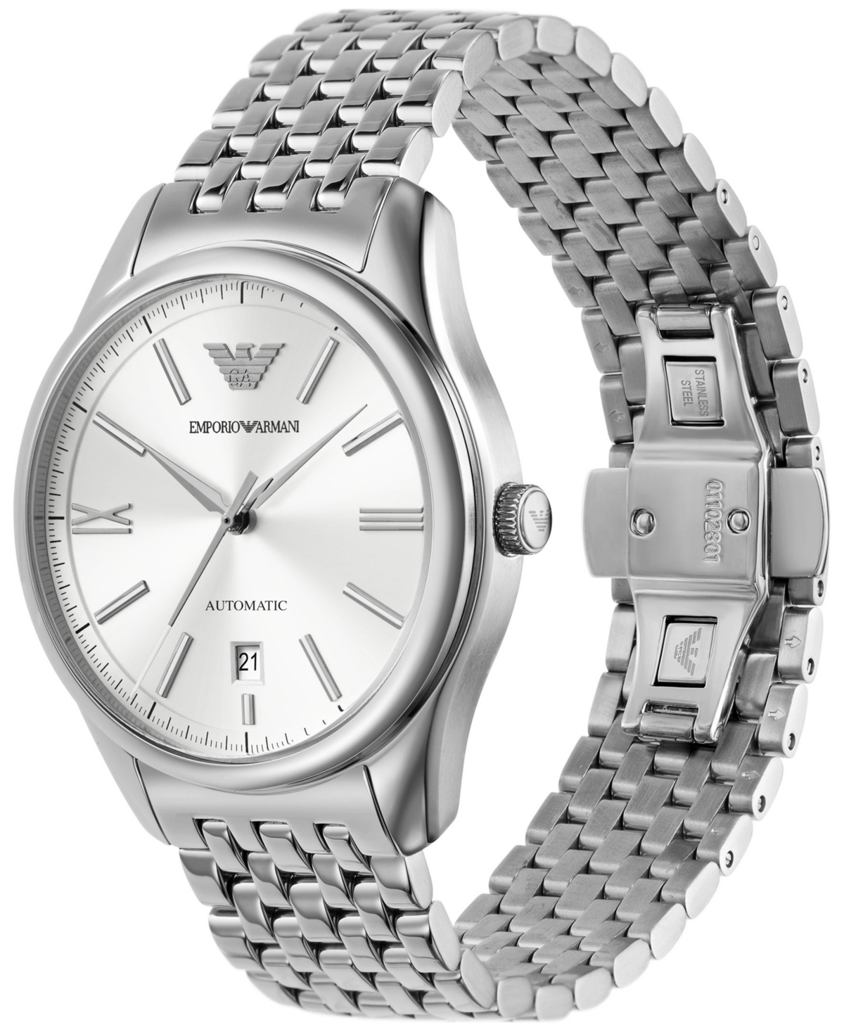 Emporio Armani Automatic Three-hand Date Stainless Steel Watch In Silver-tone