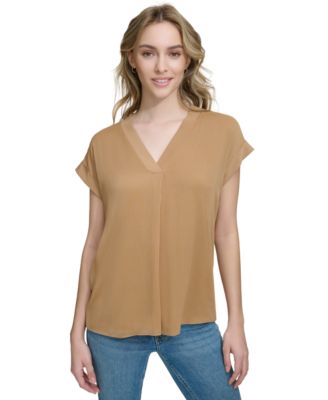 Calvin Klein - Women's Mixed Media Cap-Sleeve V-Neck Top