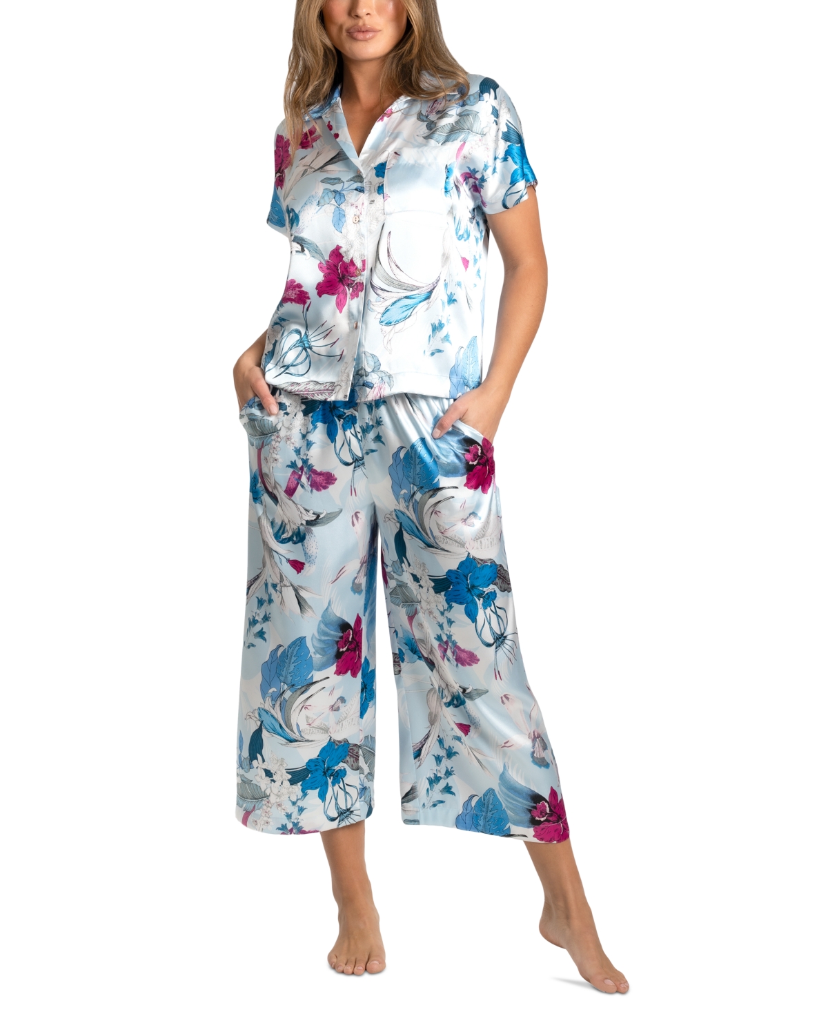 Shop Linea Donatella Women's 2-pc. Ayanna Cropped Satin Pajamas Set In Blue