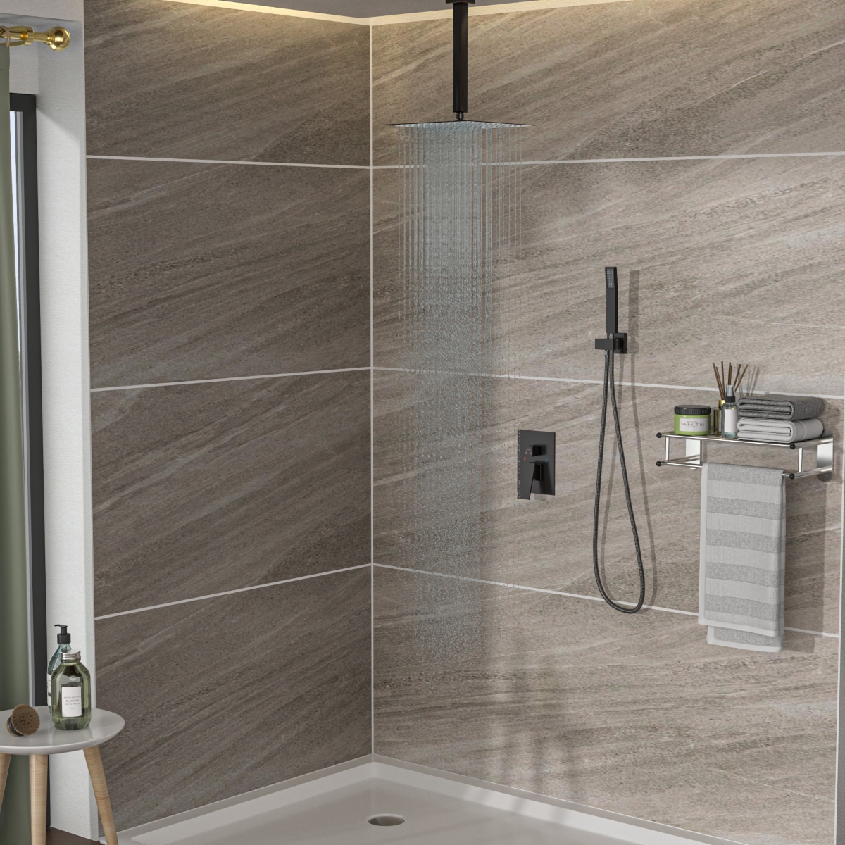 Ceiling Shower Set - 16 Inch Square Shower Set, Dual Shower Heads, Oil Rubber Bronze - Oil-rubbed bronze