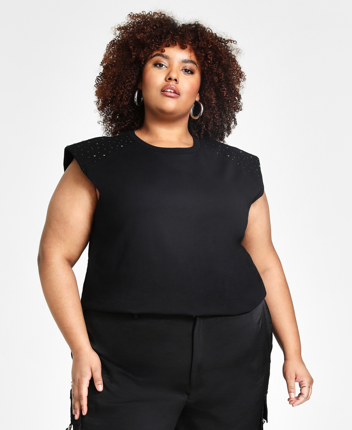 Nina Parker Trendy Plus Size Studded Muscle T-shirt In Black Beauty