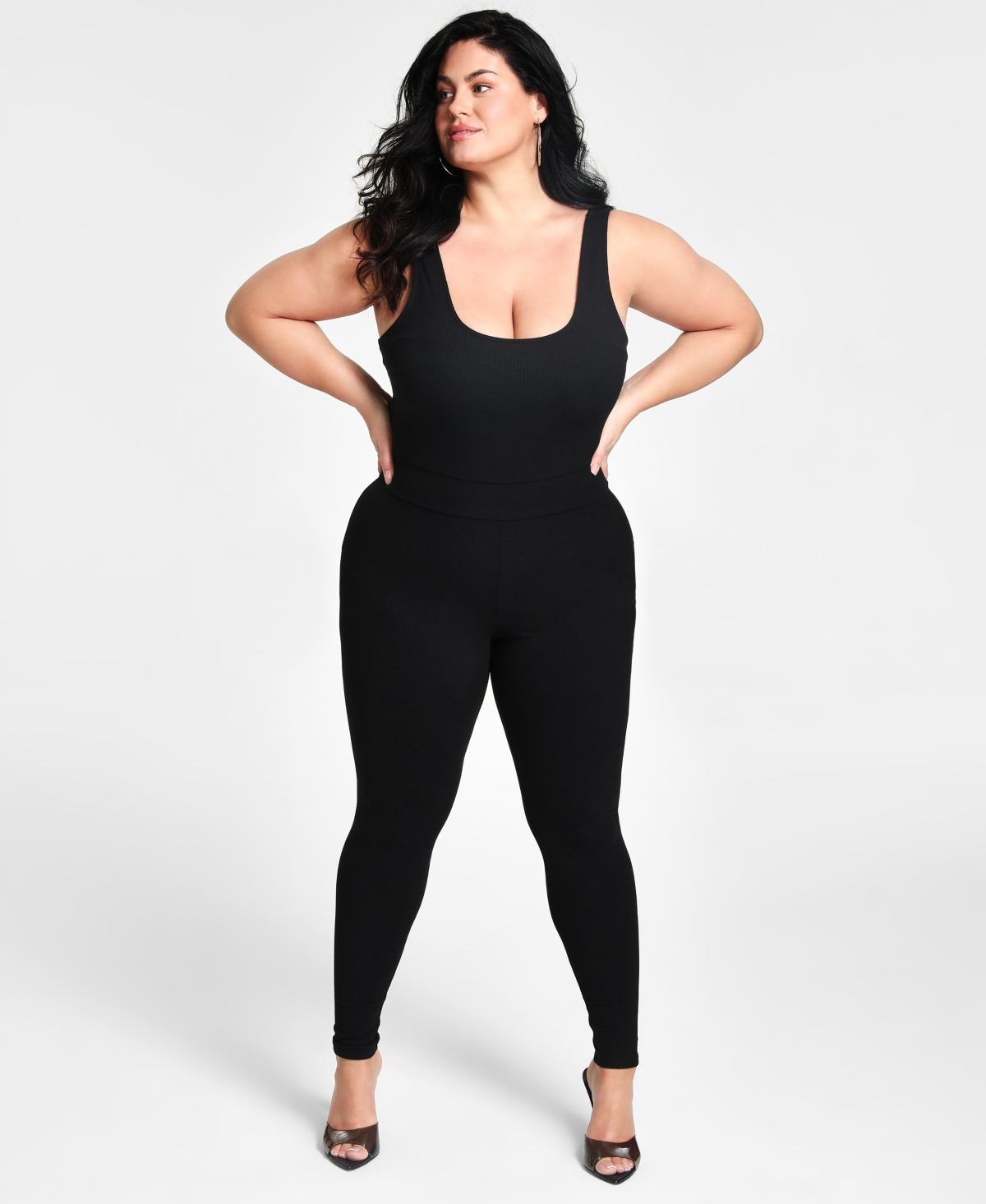 Nina Parker Trendy Plus Size Ribbed Catsuit In Black Beauty