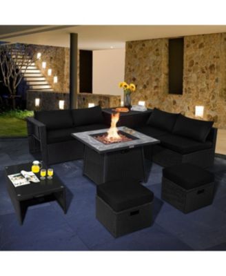 9 Pieces Outdoor Wicker Sectional with 35 Inch Gas Fire Pit Table