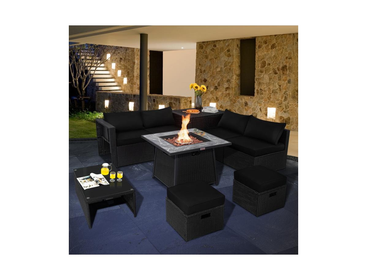 Slickblue 9 Pieces Outdoor Wicker Sectional with 35 Inch Gas Fire Pit Table