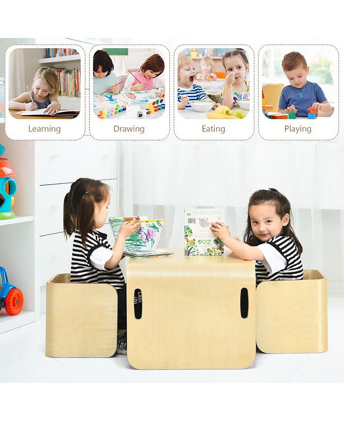 Costway 3 Piece Kids Wooden Table & Chair Set Children Multipurpose Homeschool Furniture Macy's