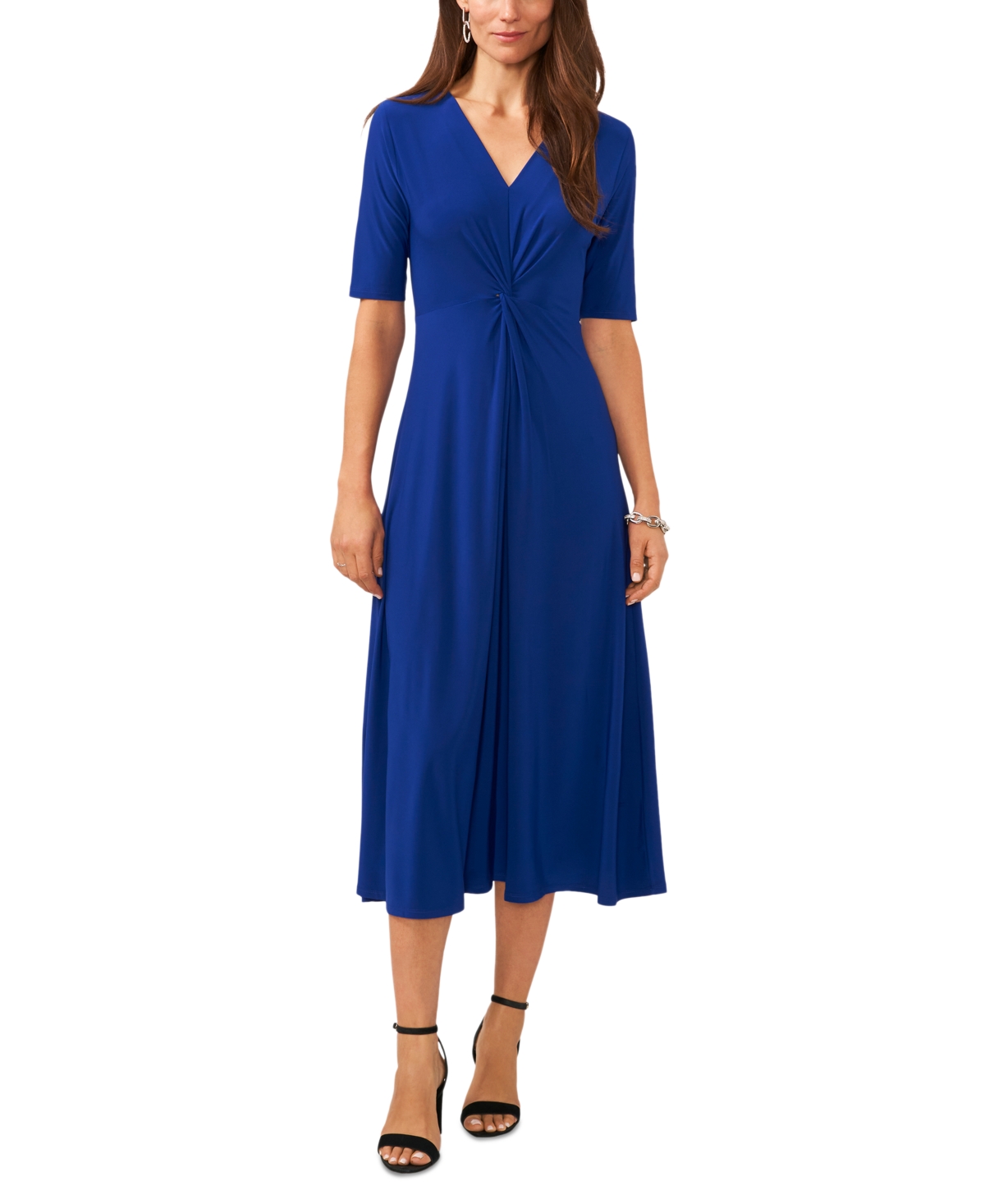 Women's V-Neck Twist-Front Elbow-Sleeve Midi Dress - Goddess Blue