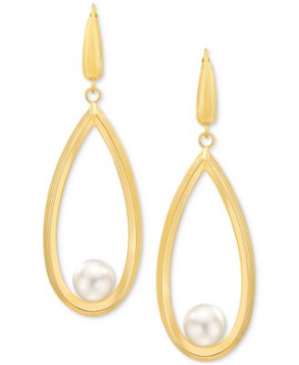 Cultured Freshwater Pearl (7-8mm) Open Teardrop Drop Leverback Earrings in 14k Gold