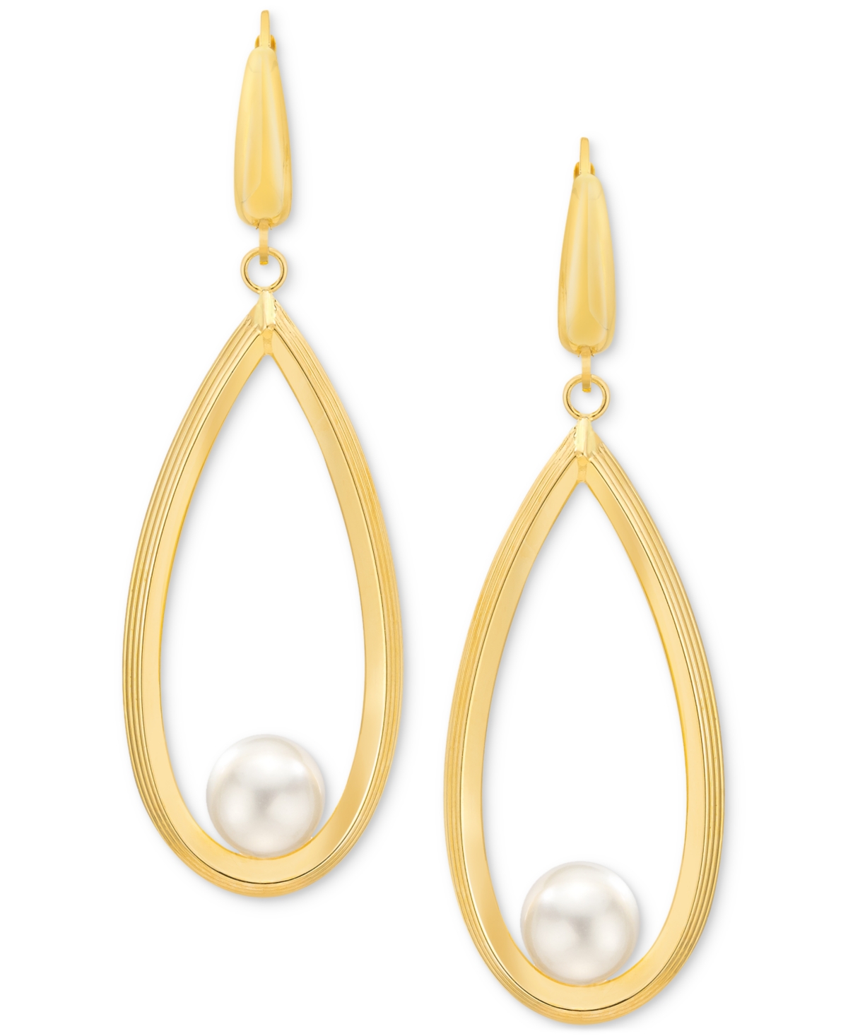Cultured Freshwater Pearl (7-8mm) Open Teardrop Drop Leverback Earrings in 14k Gold