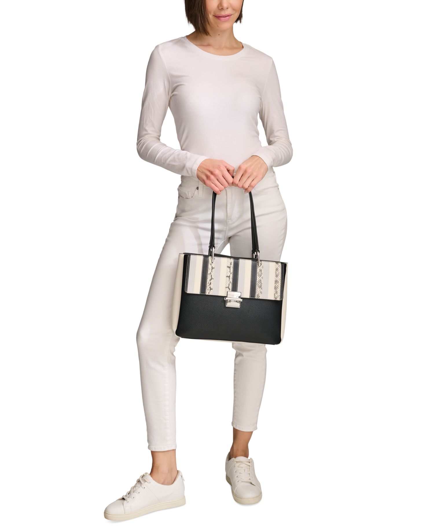 Clove Mixed Material Push-Lock Triple Compartment Tote Bag