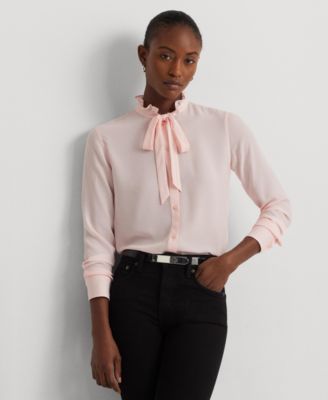 로렌 랄프로렌 Lauren Ralph Lauren Womens Ruffled Tie-Neck Blouse,Pink Opal