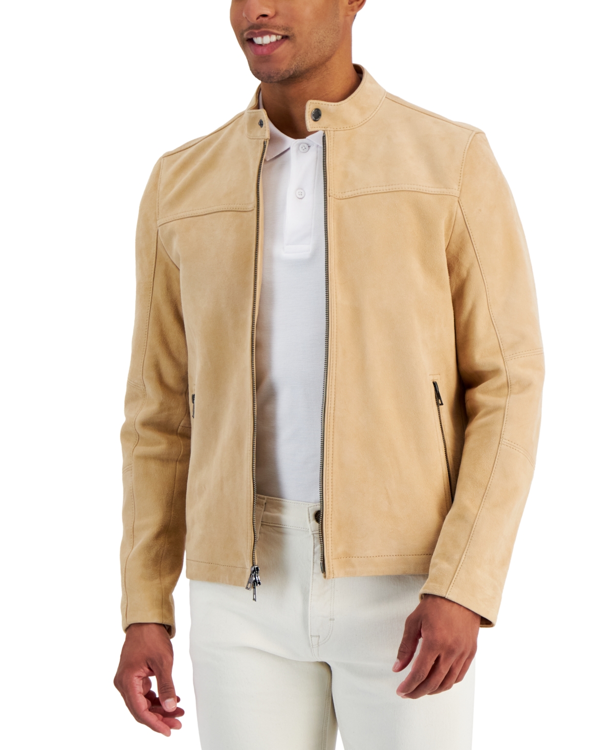 Shop Michael Kors Men's Suede Racer Jacket, Created For Macy's In Buff