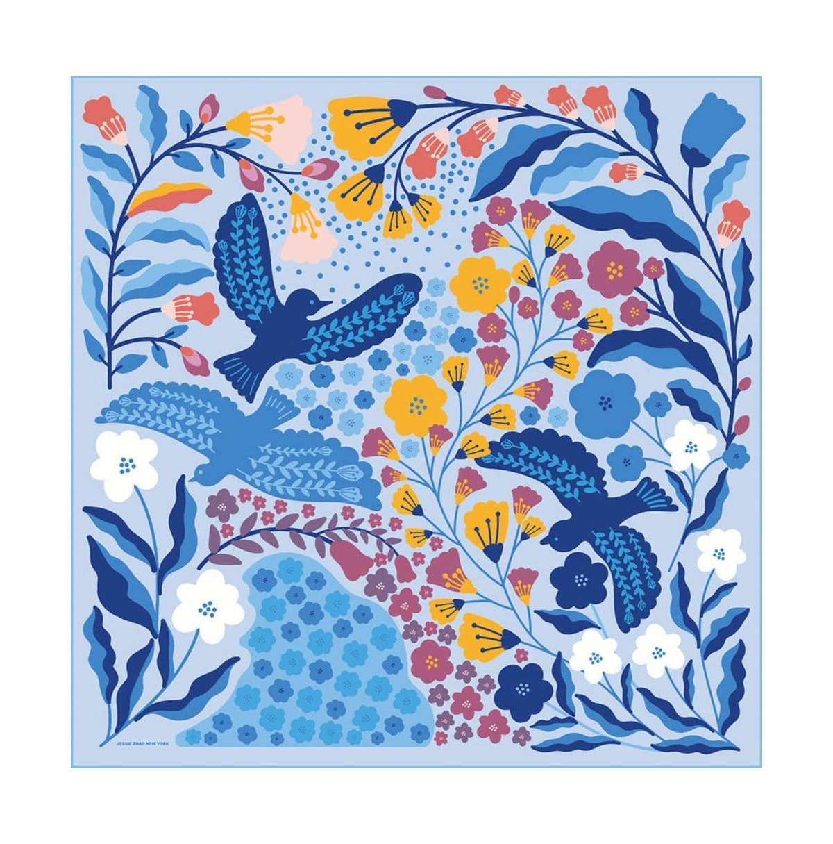 Double Sided Silk Scarf of Blue Birds - Blue and orange