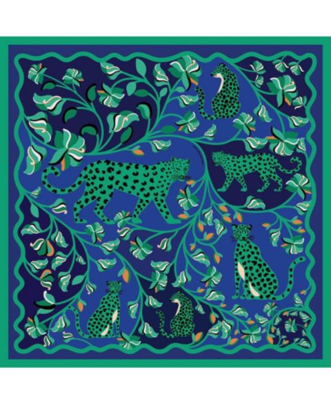Женский шарф Jessie Zhao New York Double Sided Silk Scarf Of Leopards In The Verdant Wild, цвет: Зелёный / Синий
