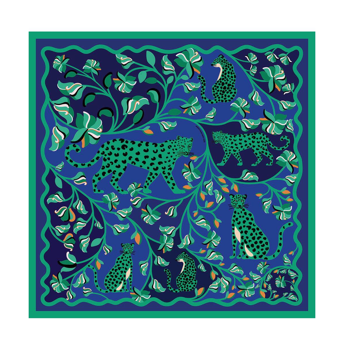 Double Sided Silk Scarf Of Leopards In The Verdant Wild - Green and blue