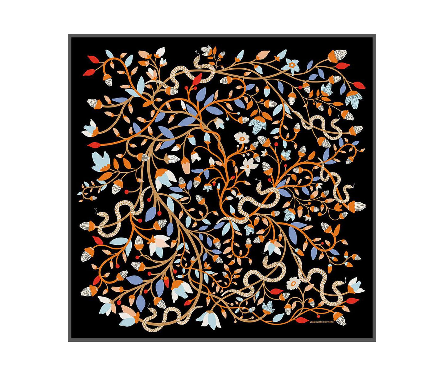 Женский шарф Jessie Zhao New York Double Sided Silk Scarf Of Night's Enchanted Garden, цвет: Чёрный / Оранжевый — фото 1