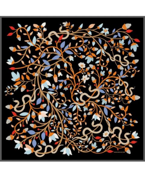 Женский шарф Jessie Zhao New York Double Sided Silk Scarf Of Night's Enchanted Garden, цвет: Чёрный / Оранжевый