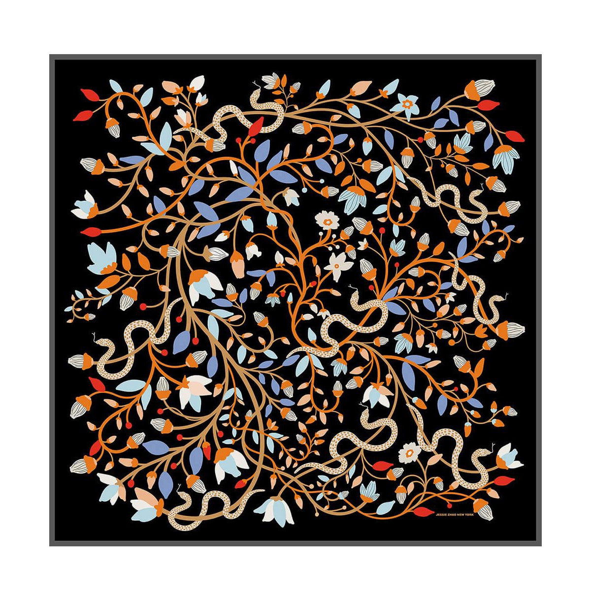 Double Sided Silk Scarf Of Night's Enchanted Garden - Black and orange