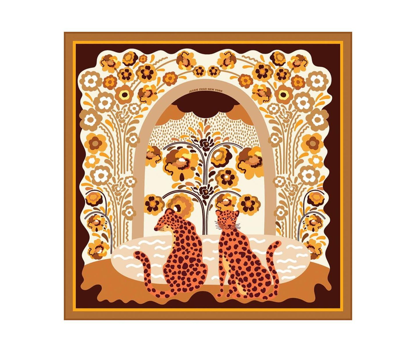 Женский шарф Jessie Zhao New York Double Sided Silk Scarf Of Leopards With Floral Fountain, цвет: Коричневый / Кофейный — фото 1