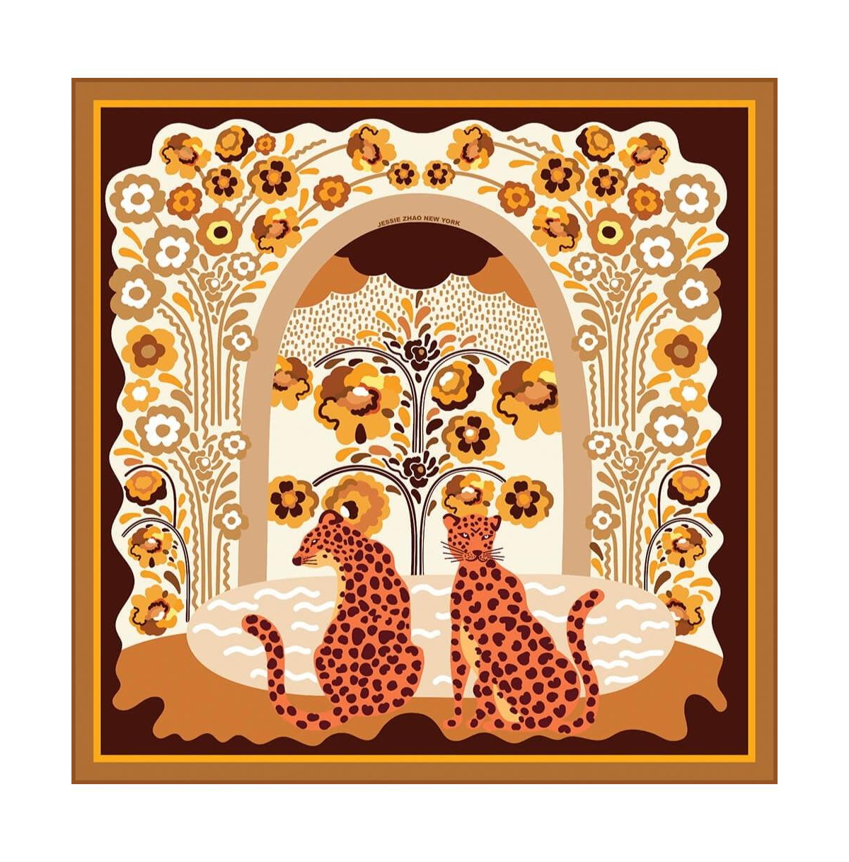 Double Sided Silk Scarf Of Leopards With Floral Fountain - Brown and coffee