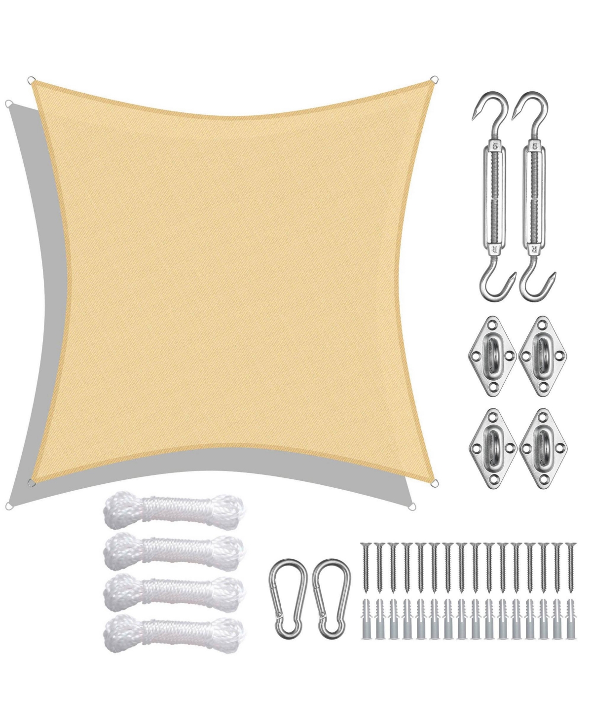 16x16 Ft Square Sun Shade Sail with Hardware Kit 97% Uv Block Top Canopy Patio - Beige+silver