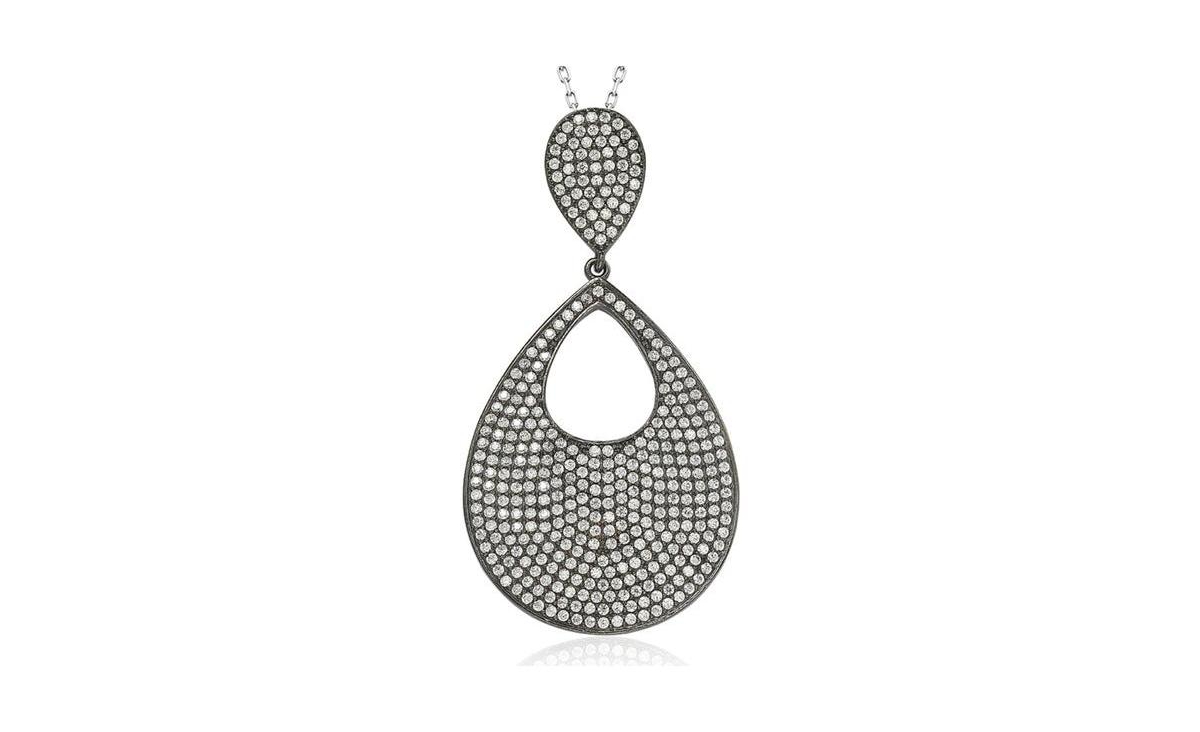 Suzy Levian Sterling Silver Cubic Zirconia Pave Pear Shaped Large Disk Pendant Necklace - Rose