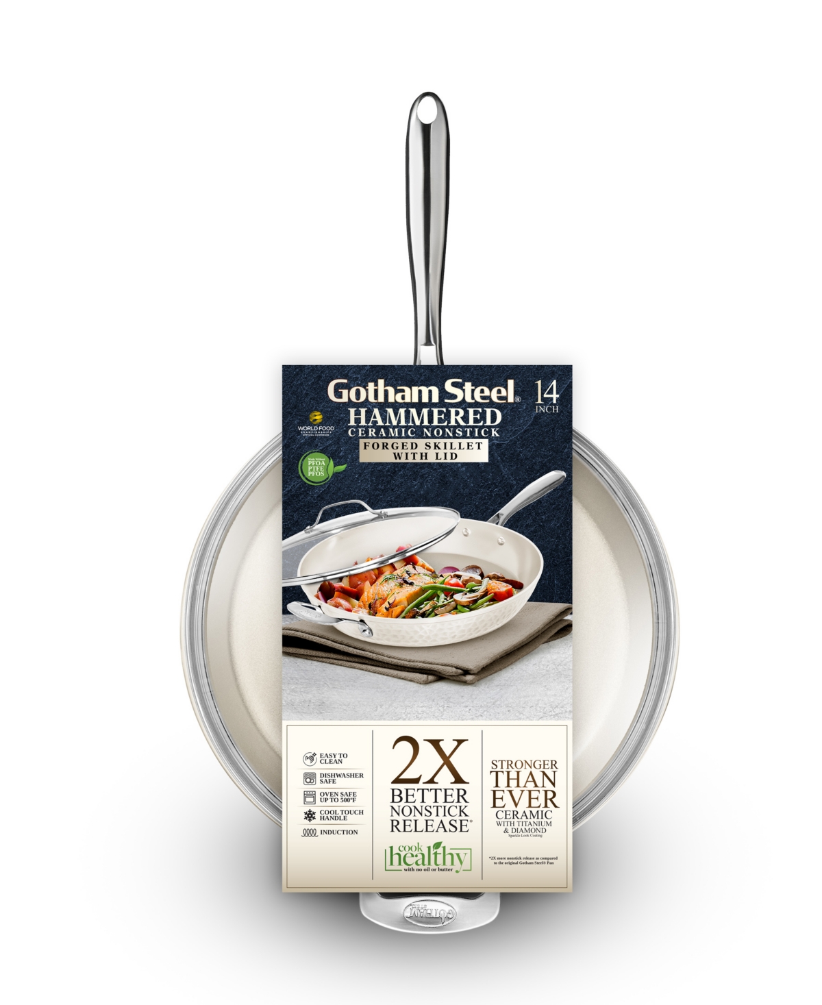 Shop Gotham Steel Hammered Ceramic Coating Xl Family Sized 14" Frying Pan With Glass Lid In Cream
