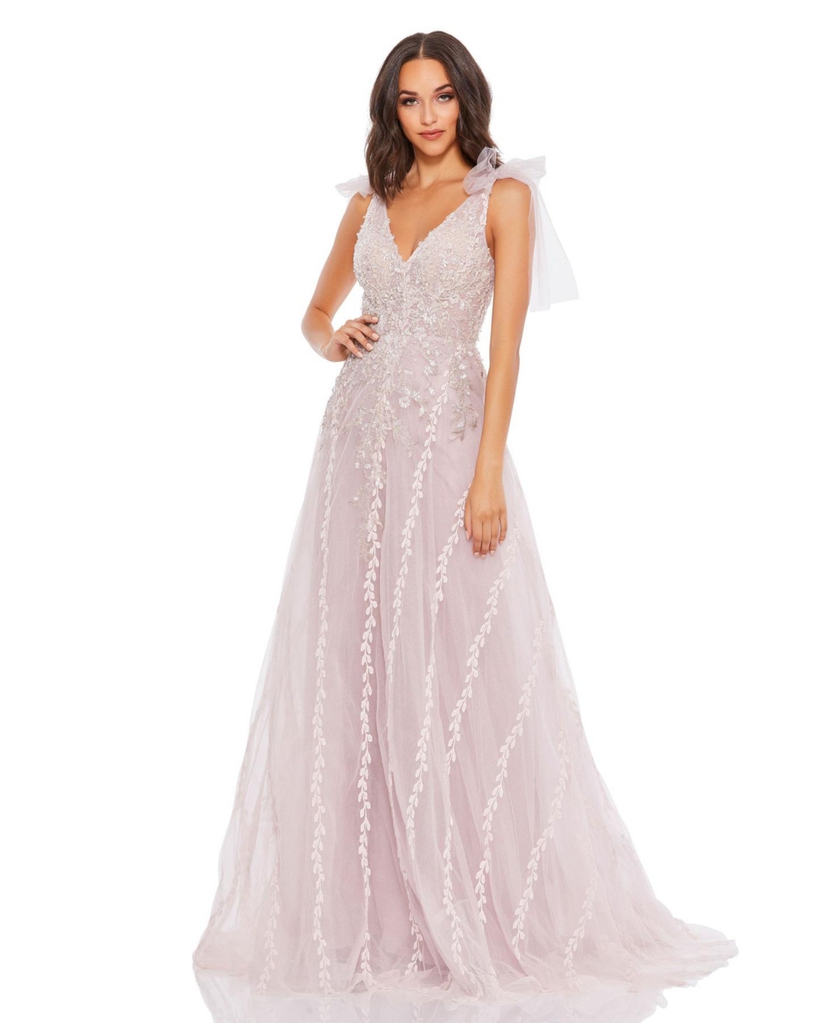 Mac Duggal Embellished Soft Tie Sleeveless V Neck Gown In Light Pink