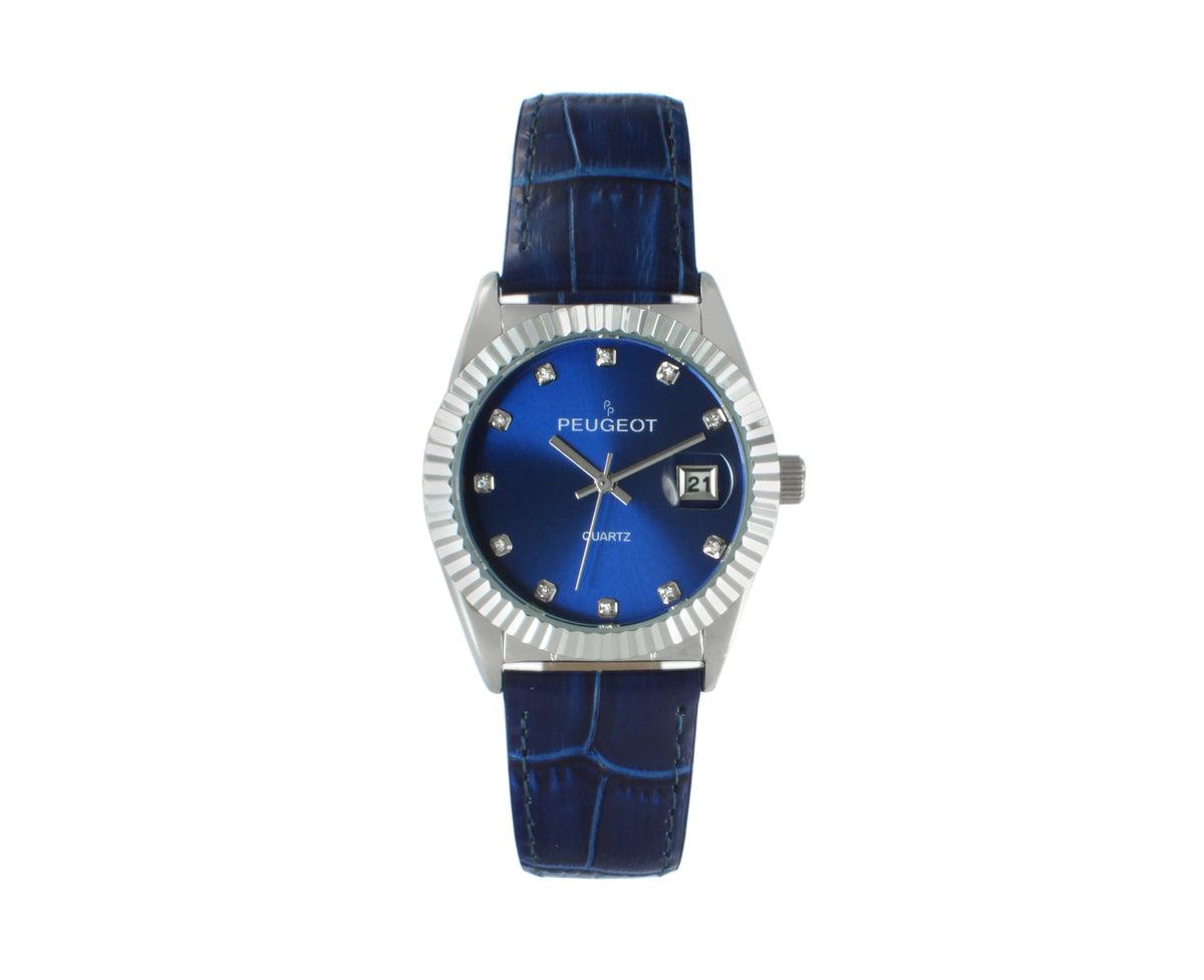 Women's 36mm Blue Fluted Bezel Watch with Leather Strap - Blue