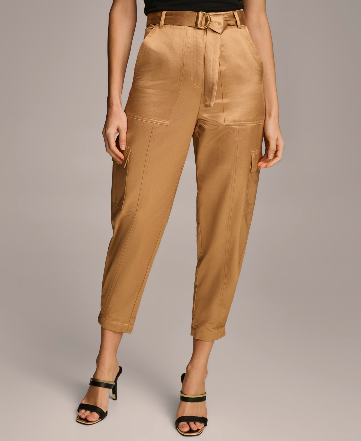 Women's Belted Satin Cargo Pants - Copper